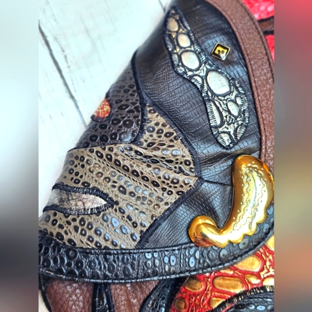 RARE Vintage NAS Alentino Black Leather Exotic Crossbody Purse Patchwork Gold - Picture 7 of 15